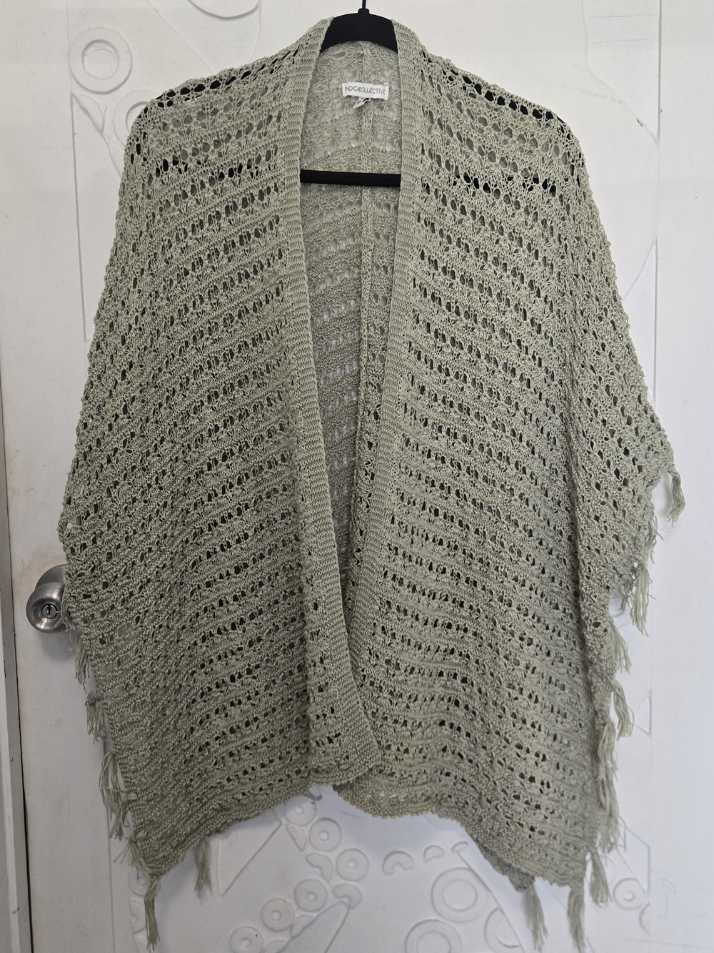 Open-Knit Fringe Poncho Shrug in Sage
